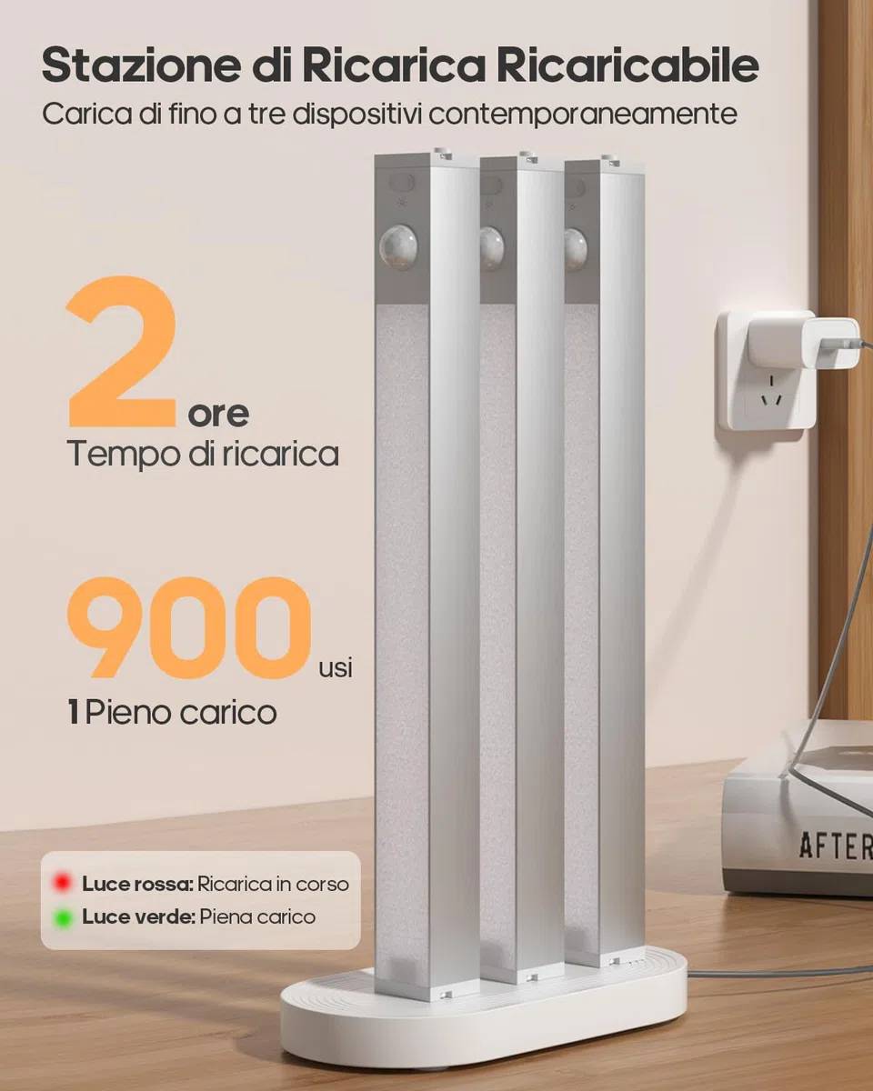 GOODEA Alluminio 6 Dimming Luce Armadio LED Ricaricabile 18cm Senza Fili con Stazione di Carica Barra LED Luce Armadio con Sensore di Movimento luce notturna per Armadio da Lingerie
