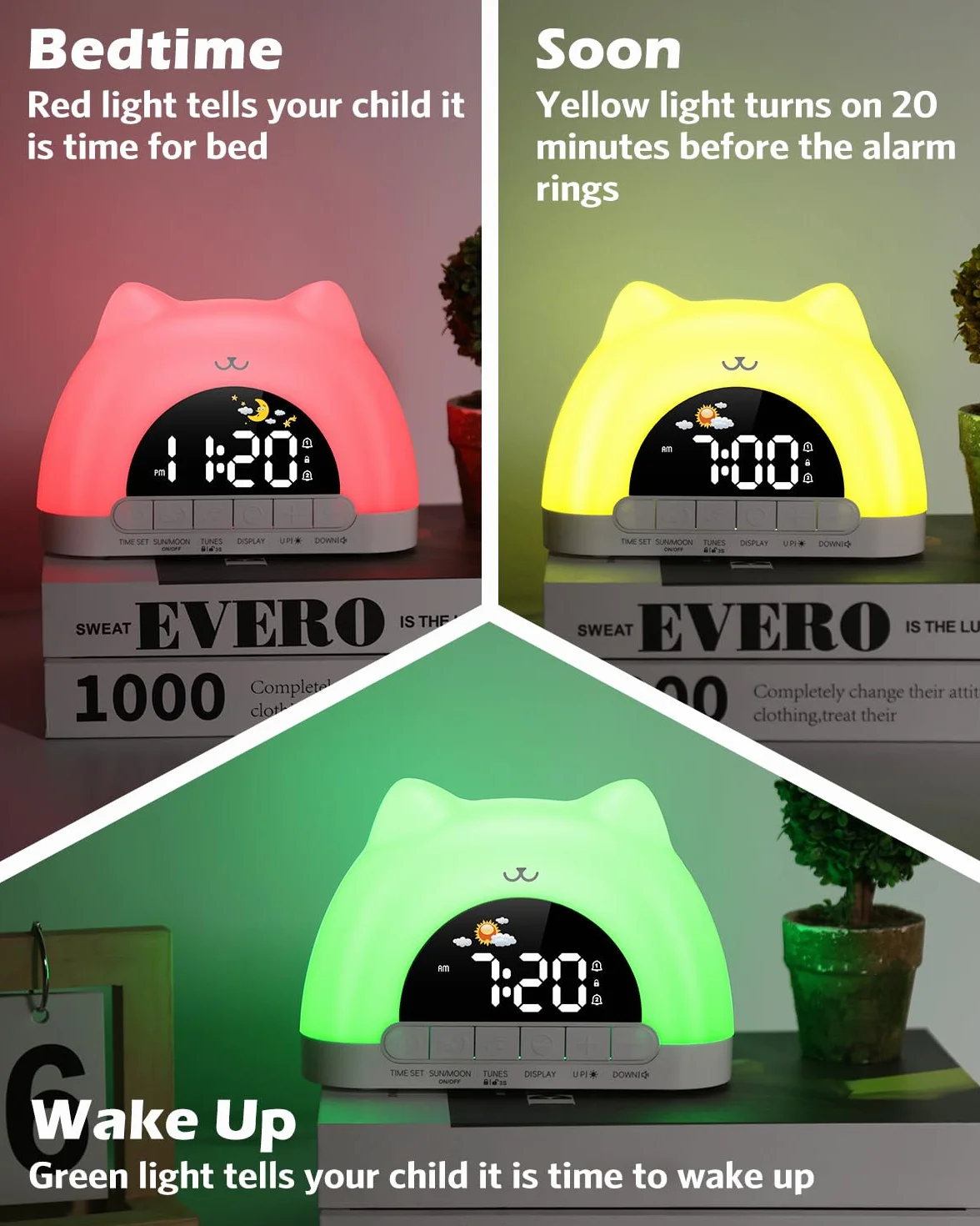 Sveglia Bambini Giorno Notte, Sveglia da Comodino con Luce Notturna a 11 Colori RGB, Snooze, 2 Allarmi, Sveglia Digitale per Bambini con Luna e Sole, Addestratore del Sonno per Bambini