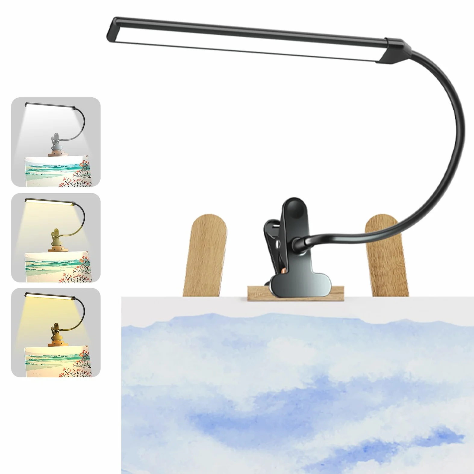 Lampada con Pinza Morsetto per Pittura Artistica, 3 Modalità Colore, 10 Livelli Luminosità, 300lm Luce da Lettura per Dipingere e Disegnare con Braccio Flessibile, Alimentazione USB