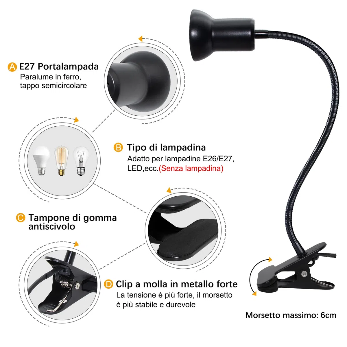 Lampada da Lettura con Pinza Lampada da Scrivania a Clip LED con 40cm Collo di Cigno Flessibile Luce da Letto a Clip con 220cm Cavo E27 Lampada a Morsetto per Rettili, Max 75W (Switch-Nero*1)