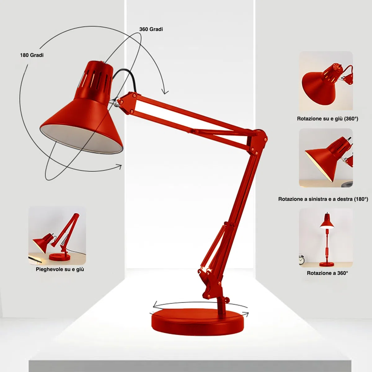 Voltix Lampada da Scrivania Grande, Lampada da Tavolo E27 LED, Luce da Scrivania con Braccio Oscillante Lungo per Casa o Ufficio (Rosso)