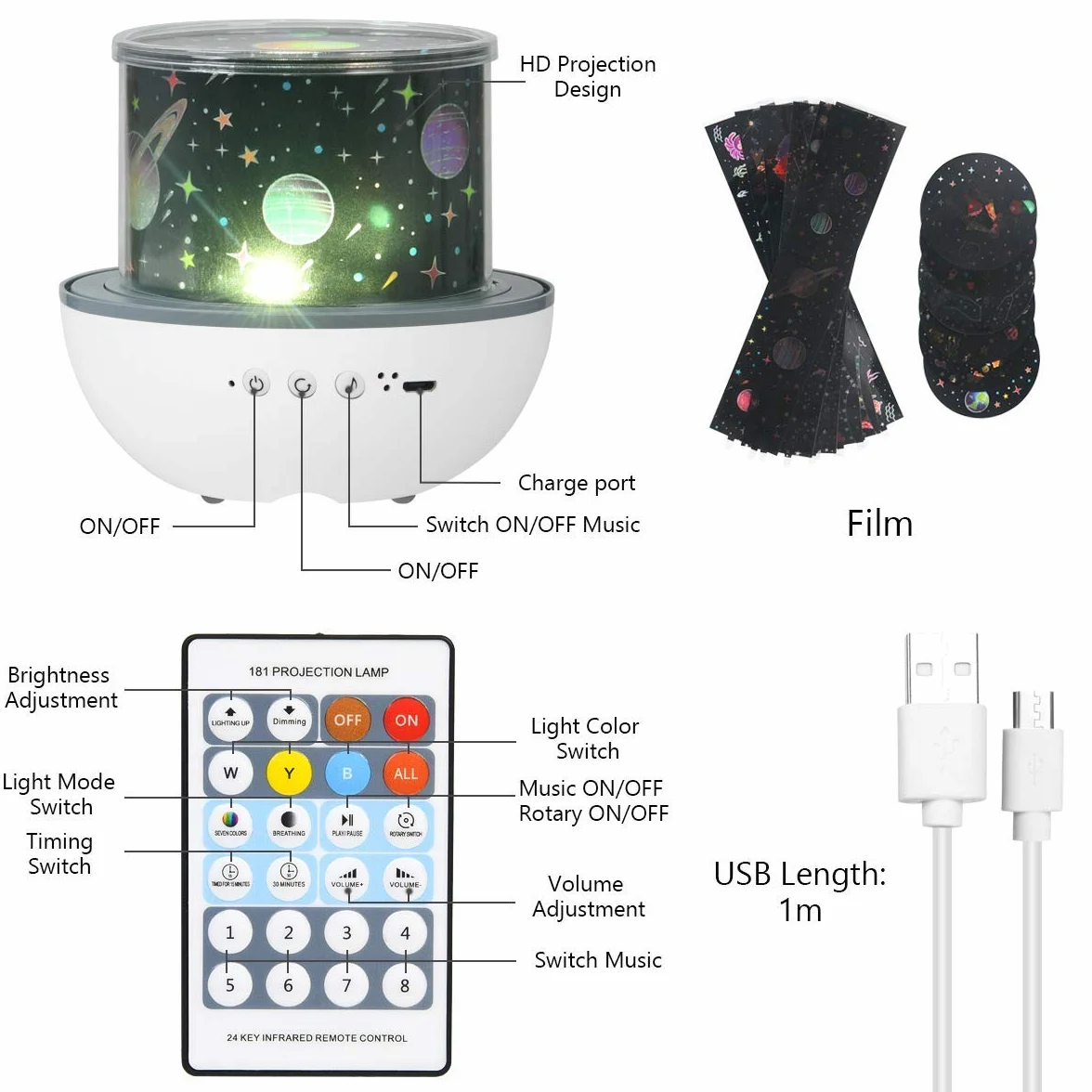 URAQT Proiettore Stelle Soffitto Bambini, Luci Notte per Bambini, 360°Rotazione Musicale Luce Notturna Bambini Proiettore, 6 Films Proiettore Soffitto,8 musica,con Telecomando e timer, Regalo Neonato