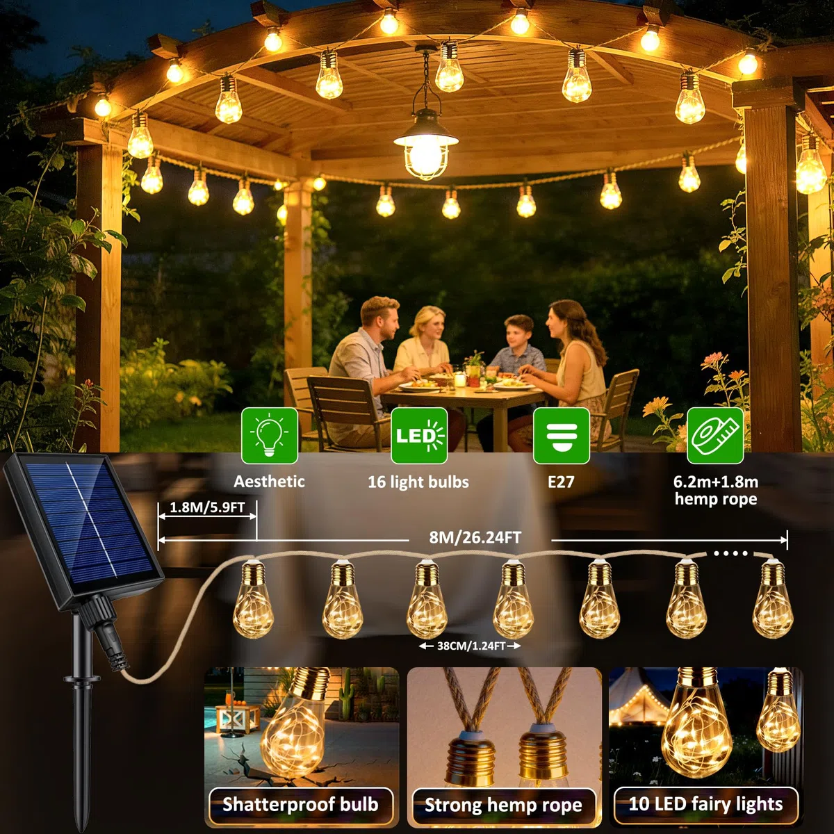 Caldarax 8M 16 LEDs Catena Luminosa Esterno Solare, Corda di Canapa Luci Solari Esterno, 8 Modalità, IP65 Impermeabile, Decorazione per Giardino, Cortile, Patio, Albero, Natale(Bianco Caldo)
