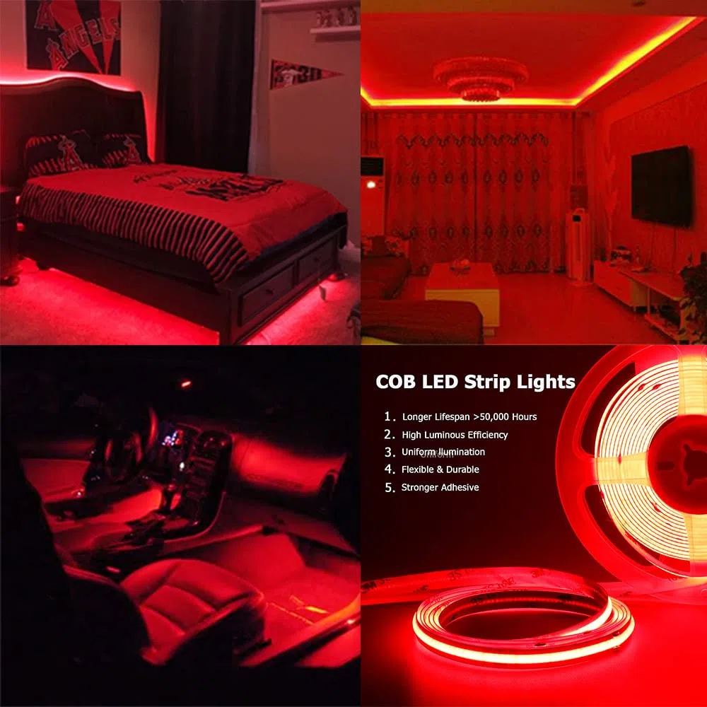 TOPAI Striscia LED COB Rosso 5 Metri Impermeabile, Strip LED 24V Rosso Esterno, Autoadesivo, Tagliabile, 480LEDs/M, Larghezza 8mm, Per Camera da Letto, Bagno, Cucina