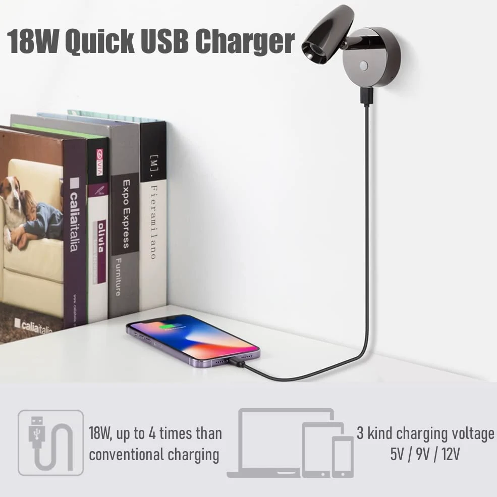 12V Lampade da Lettura LED Campercon Caricatore USB & Luce notturna blu, Girevole Spot Barca Lampada da Parete da Comodino Dimmerabile, Per Caravan Furgone Van, 12-24V DC Nero lucido