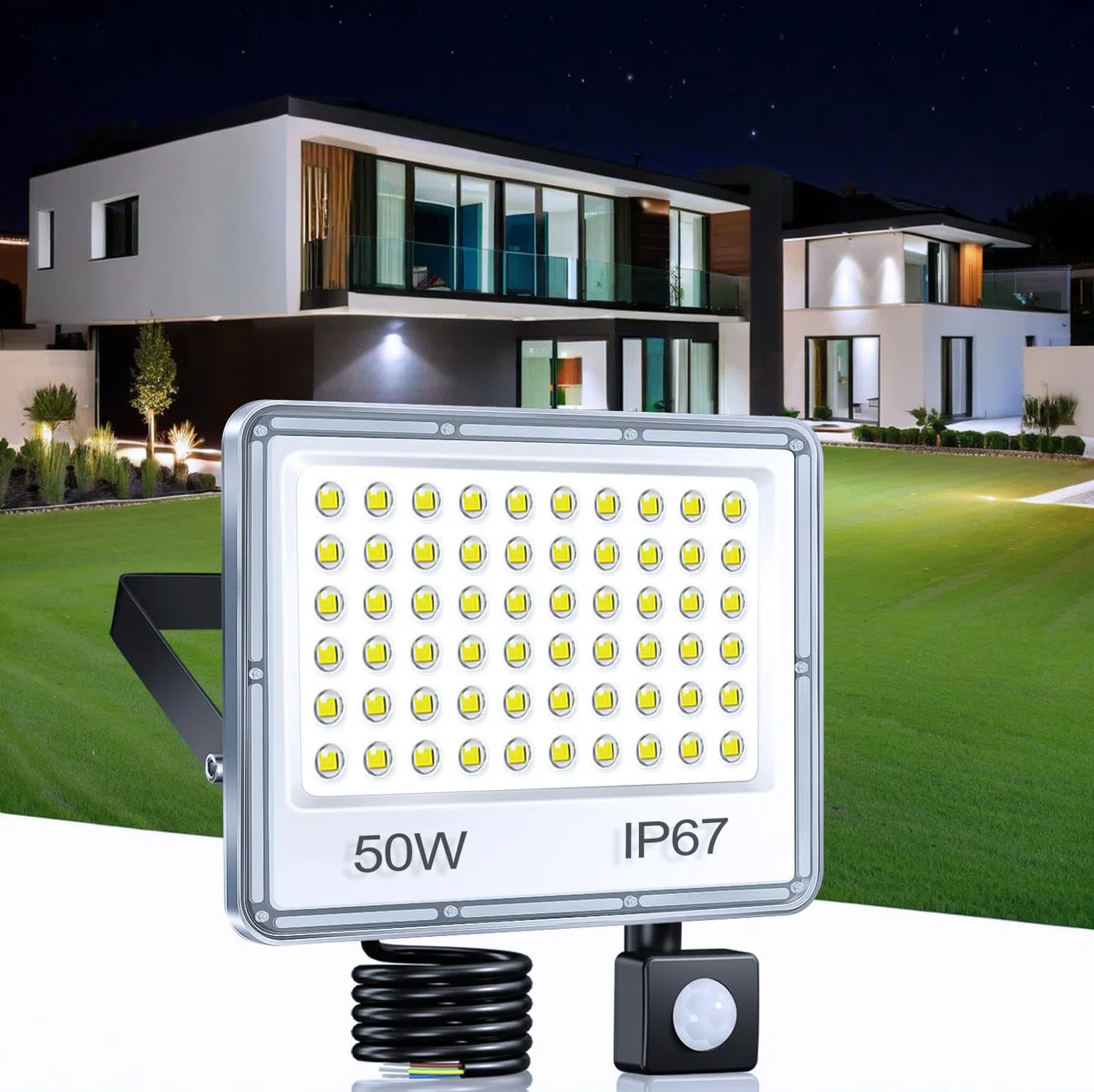 Faretto con Sensore di Movimento 50W, 5000LM 6500K Bianca Fredda Faro LED Esterno con Sensore Movimento, Impermeabile IP67 Luce LED Esterno per Giardino, Terrazza, Garage, Cortile