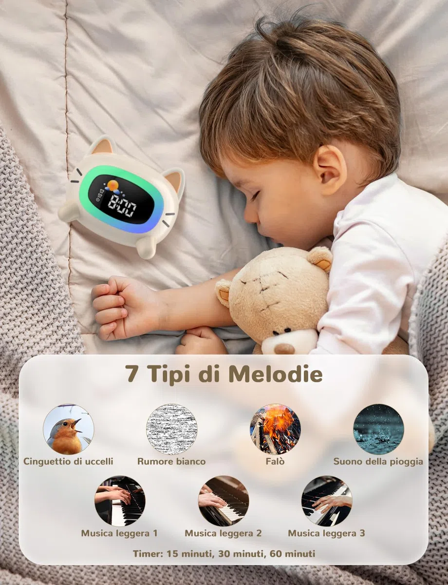 LIORQUE Sveglia per bambini, Sveglia da Comodino con Luce Notturna, Macchina Rumore Bianco, Doppia Allarme, Modalità Weekend, Sveglia Ricaricabile per Allenamento del Sonno Per i Bambini (Gatto)