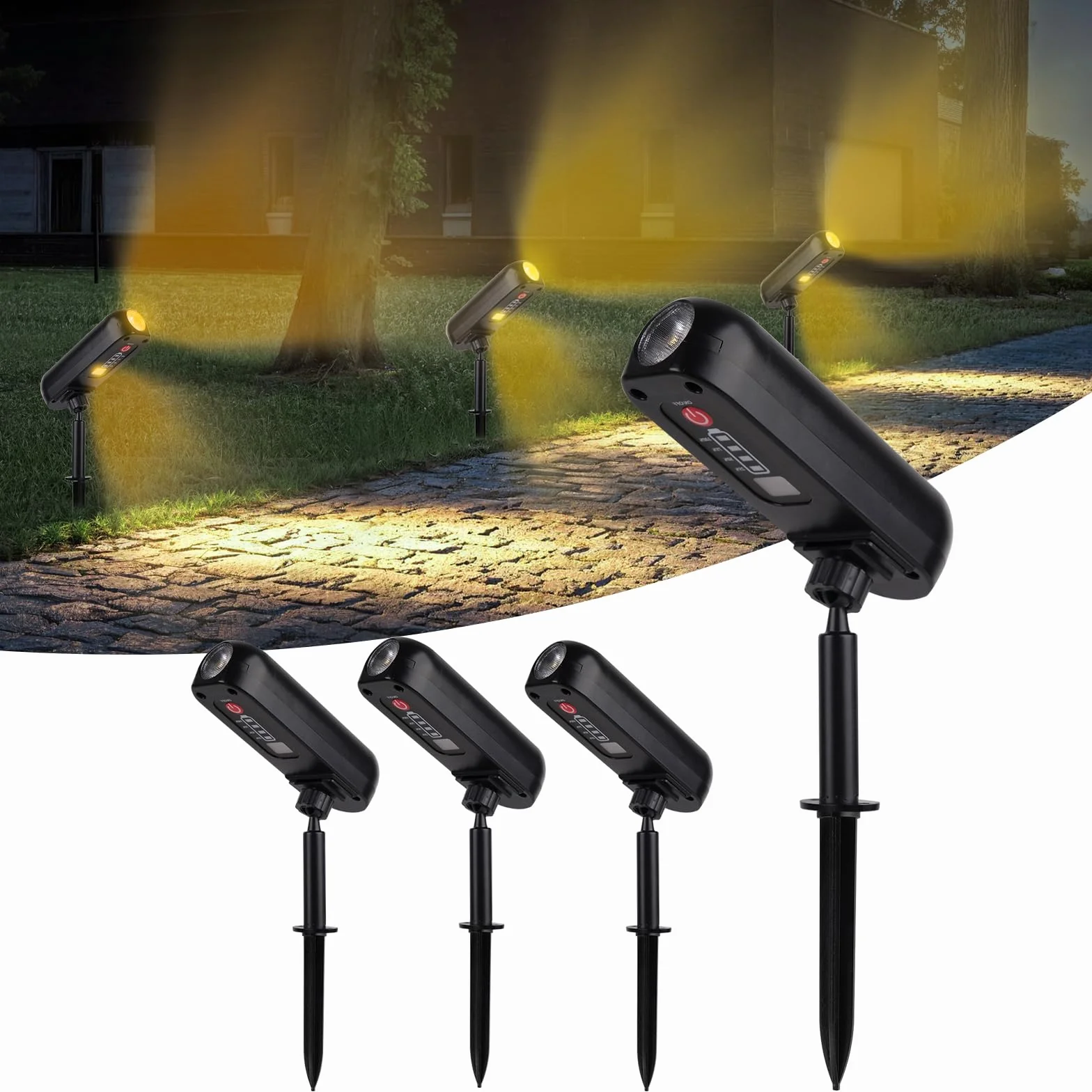 T-SUN 4 Pezzi Faretti Solari, 3000K Faretti Solari da Esterno Regolabile, 2 Modalità Lampada da Giardino Solare, Impermeabile IP65 Potenti Luci Da Esterno Giardino per Alberi, Giardini, Strade, Prati