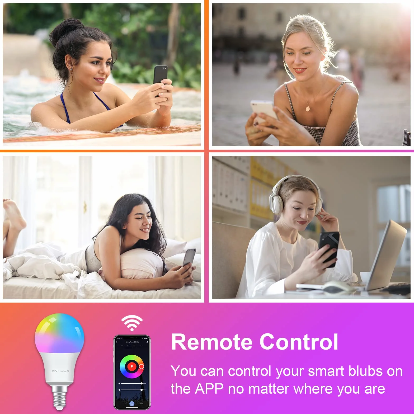 ANTELA Lampadine LED Alexa Inteligente WiFi E14, Dimmerabile Lampadina Smart 7W 806ML 60W equivalente, RGB & 2700K-6500K bianco freddo caldo, compatibile con Alexa/Google Home, 2 pezzi