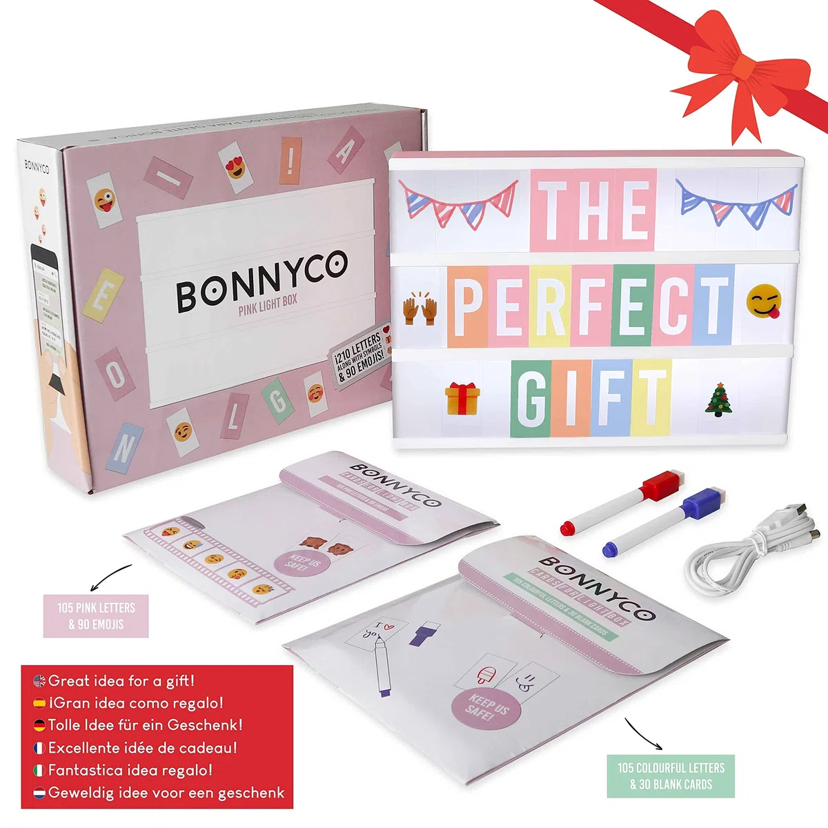 BONNYCO Light Box Rosa con 400 Lettere ed Emoji, 2 Pennarelli. Lavagna Luminosa con Lettere, Idee Regalo Bambina, Ragazza e Donna per Compleanno Natale. Scatola Scritte Luminose, Decorazioni Camera