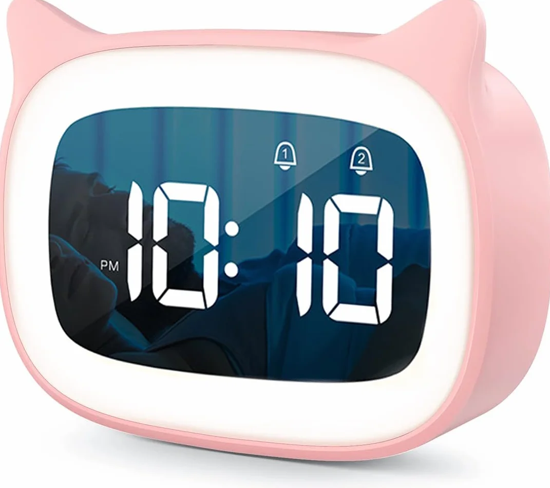Sveglia Digitale Bambini, sveglia da comodino digitale 18 Musica allenamento del sonno per bambini Doppia Sveglia con Snooze LED Wake up Light Funzione di Ricarica, Rosa
