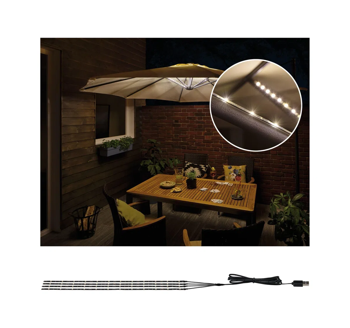 Paulmann 942.08 Luce Outdoor Mobile Parasol di Lighting Ip44 3000 K Lampada Per Ombrellone 4 x 0.4 M Luce Nastri Led Stripes, Plastica, 0.1 W, Nero, 40 x 0.5 x 0.3 cm