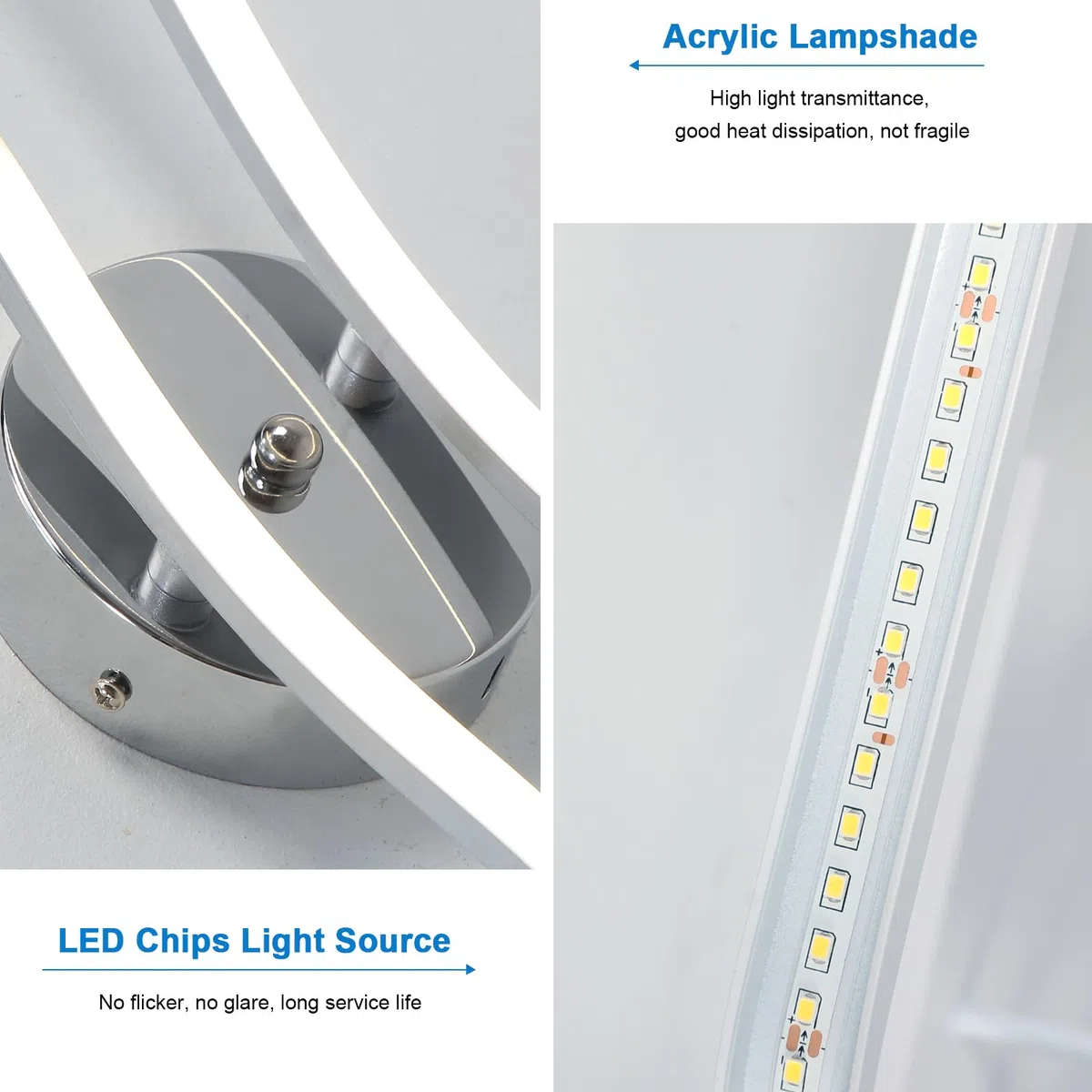 Goeco Plafoniera LED Soffitto Argento 14 W 52 cm 6500K Lampadario da Soffitto con 2 Fiamme Moderni Design Curvo Luce Bianca Fredda Lampada in Acrilico per Camera da Letto Soggiorno Cucina