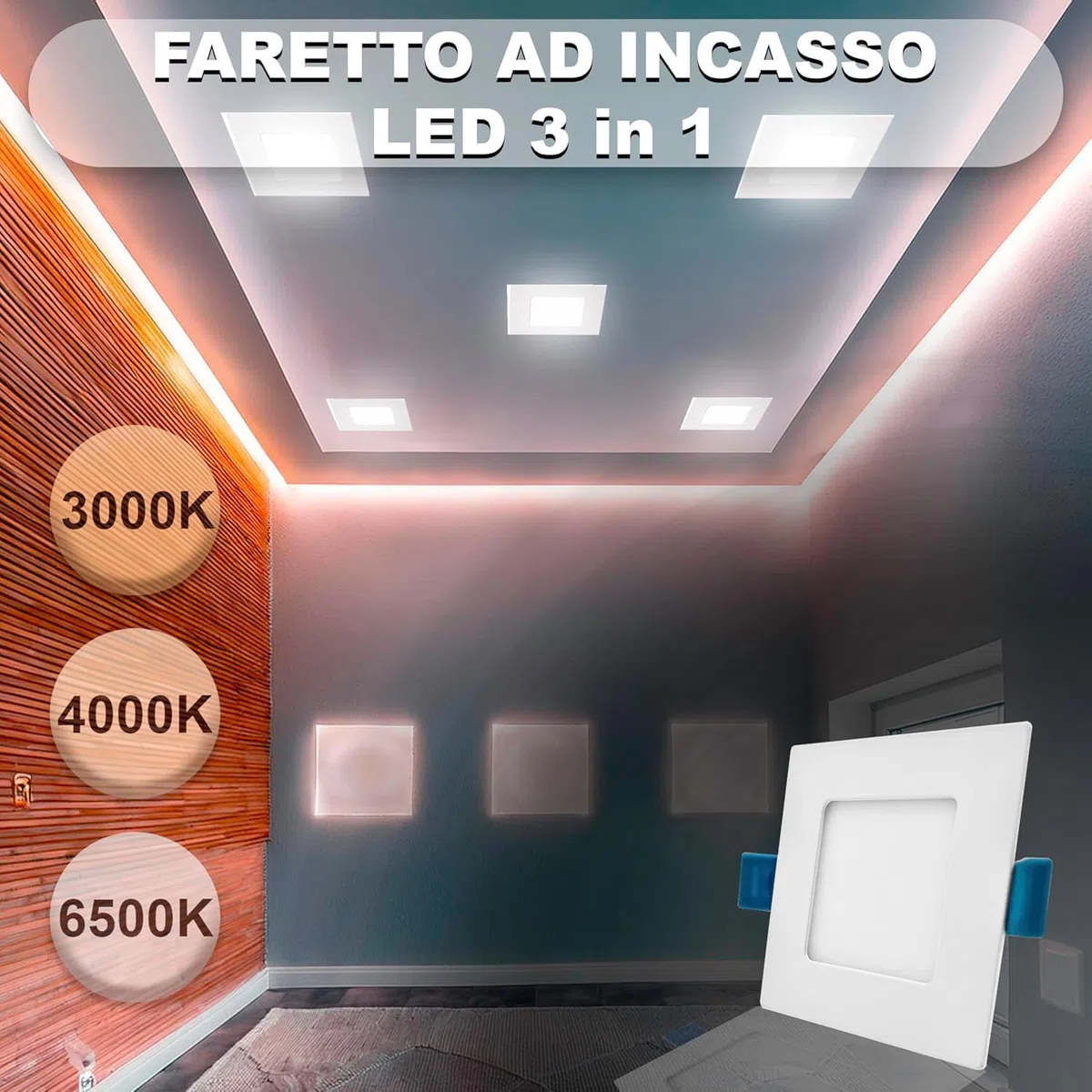 Faretto Led da Incasso Quadrato luce Bianca,(3,6,12,18,24W)-(luce calda, naturale, fredda), diametro foro da 75 a 285 mm ideale per soffitto, segnapassi, scale (3000K-4000K-6500K, [x2] 6 watt)