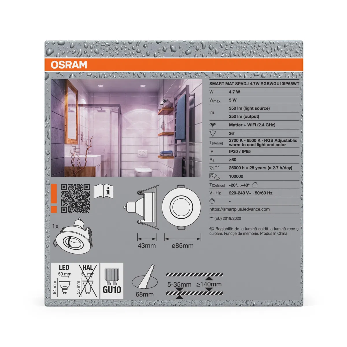 OSRAM Faretto da incasso a LED Smart Matter Spot IP65 RGBW orientabile bianco, 4,7W Smart Home, dimmerabile, controllo tramite app