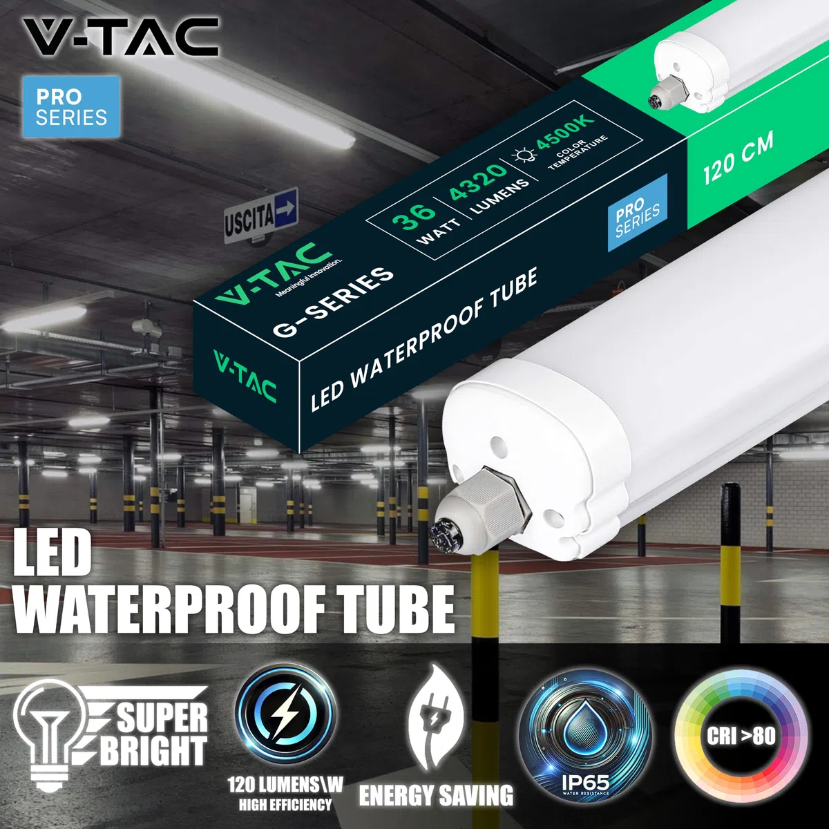 V-TAC Plafoniera LED Impermeabile 120 CM da Esterno - 36W - PRO SERIES - Lampada Rettangolare da Soffitto e Parete - 4320 Lumen - per Garage, Negozio, Magazzino - Tubo LED - Luce 4500K Bianca Naturale
