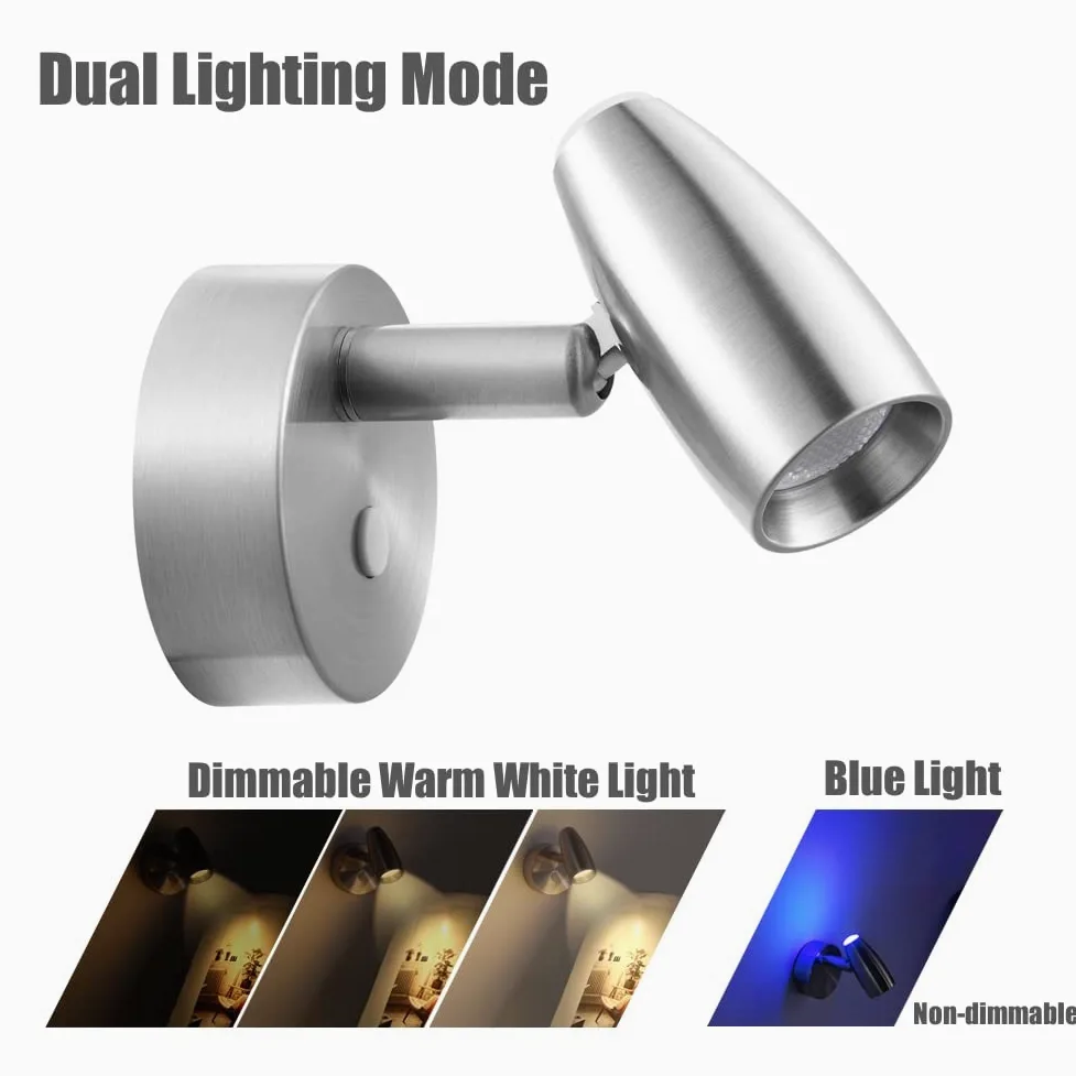12V Lampade da Lettura LED Camper con Caricatore USB & Luce notturna blu, Girevole Spot Barca Lampada da Parete da Comodino Dimmerabile, Per Caravan Furgone Van, 12-24V DC Finitura nichel
