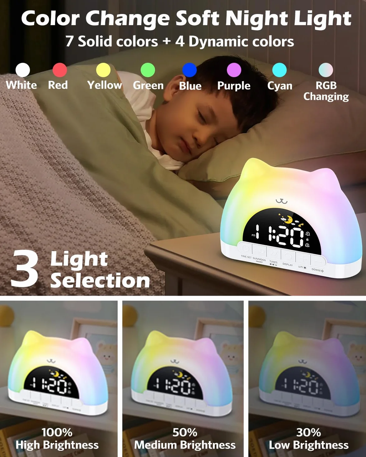 Sveglia Bambini Giorno Notte, Sveglia da Comodino con Luce Notturna a 11 Colori RGB, Snooze, 2 Allarmi, Sveglia Digitale per Bambini con Luna e Sole, Addestratore del Sonno per Bambini