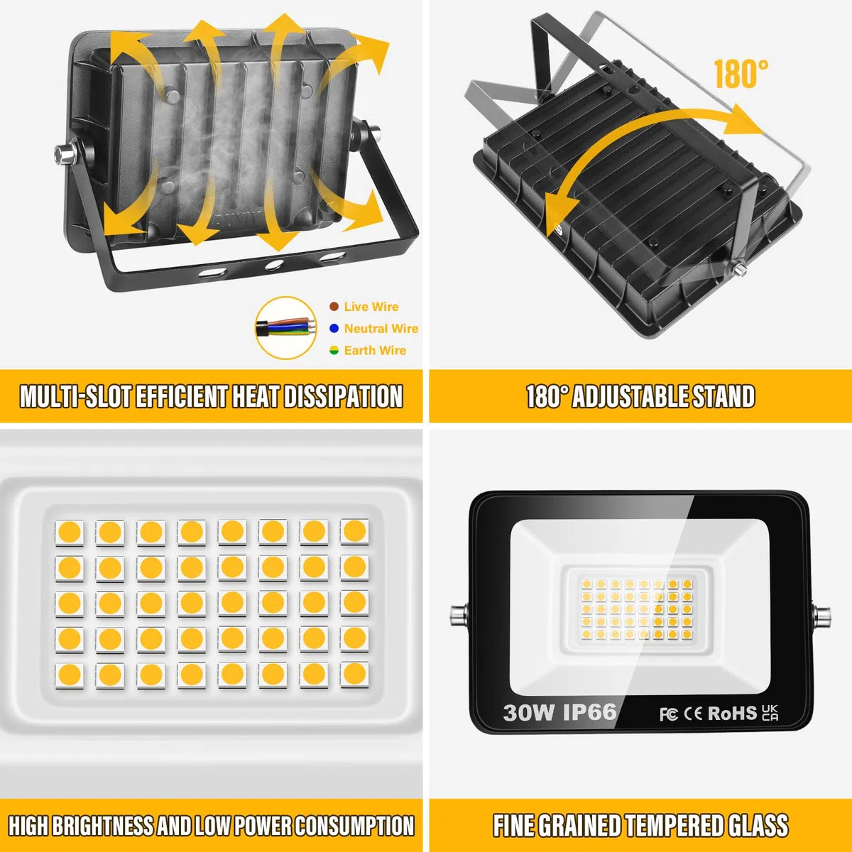 RIGIDON 2x 30W Luci da Esterno, 3000 Lumens Faretto Led, Fari di Sicurezza, Proiettore Led Esterno, Faretti LED Lampada Luce Bianca Naturale 3000K, IP66 Per Giardino Cortile Garage Piazza Officina