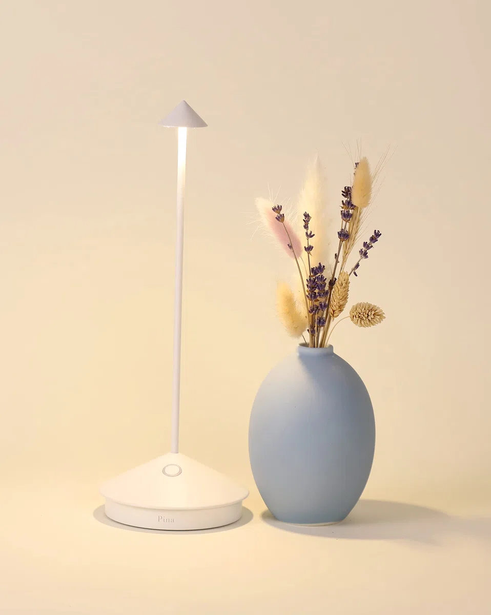 Zafferano Pina Pro, Lampada LED Ricaricabile Da Tavolo Senza Fili, Dimmer Touch 2700K, IP54 Uso Interno/Esterno, Base Di Ricarica A Contatto, Batteria Lunga Durata, Corpo In Alluminio H29cm - Bianco