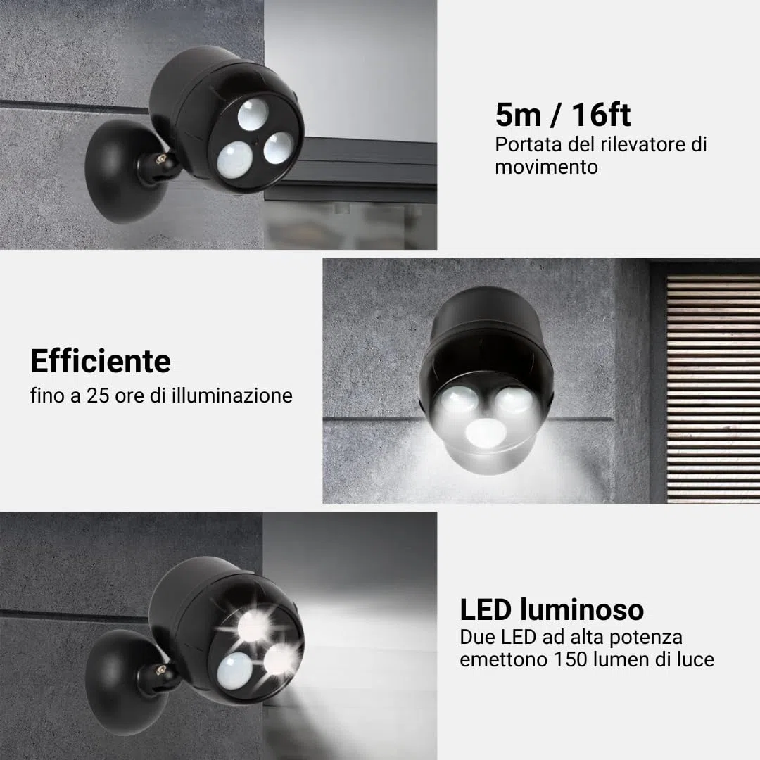 Proxinova Faretto LED da Esterno con Sensore di Movimento PIR Angolazione Regolabile, Confezione da 2 Faretti LED, Pratica Installazione, Faretti LED Esterno a batterie, Luci da Esterno di Sicurezza