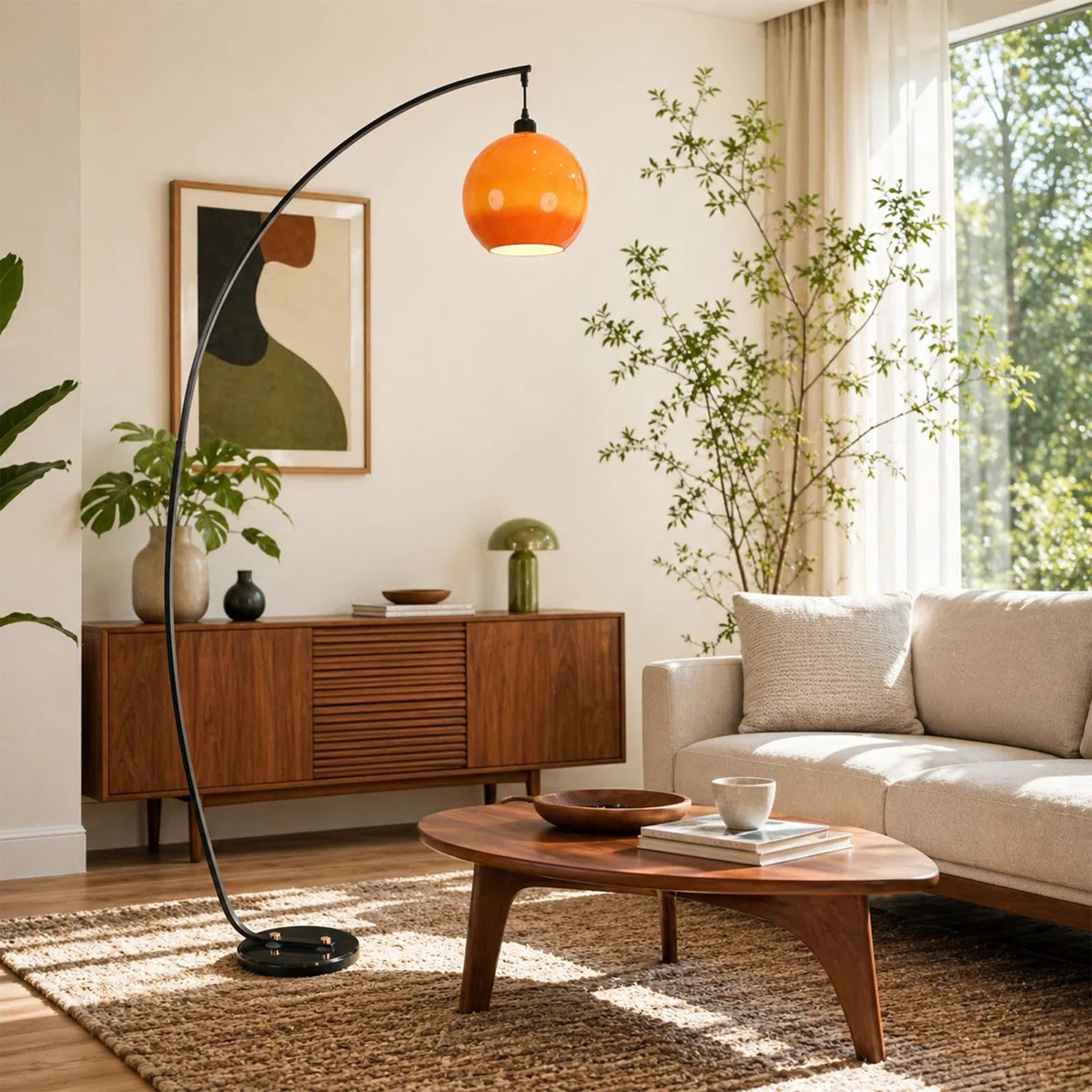 Lampada Da Terra Ad Arco Da 180 CM, Stile Mid-Century Modern, Arancione, Con Globo In Vetro, Attacco E27, 3 Temperature Di Colore, Base In Marmo, Lampada Alta Per Soggiorno E Camera Da Letto