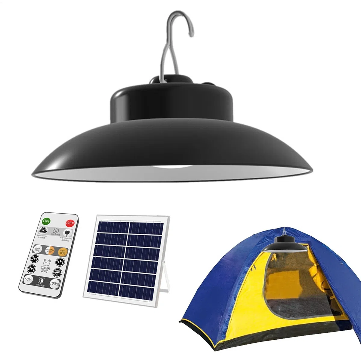 Lampada di sicurezza Luci per gazebo, Lampadario a soffitto solare | Illuminazione da esterno dimmerabile con pannello solare e remoto, luci da lavoro regolabili, luce