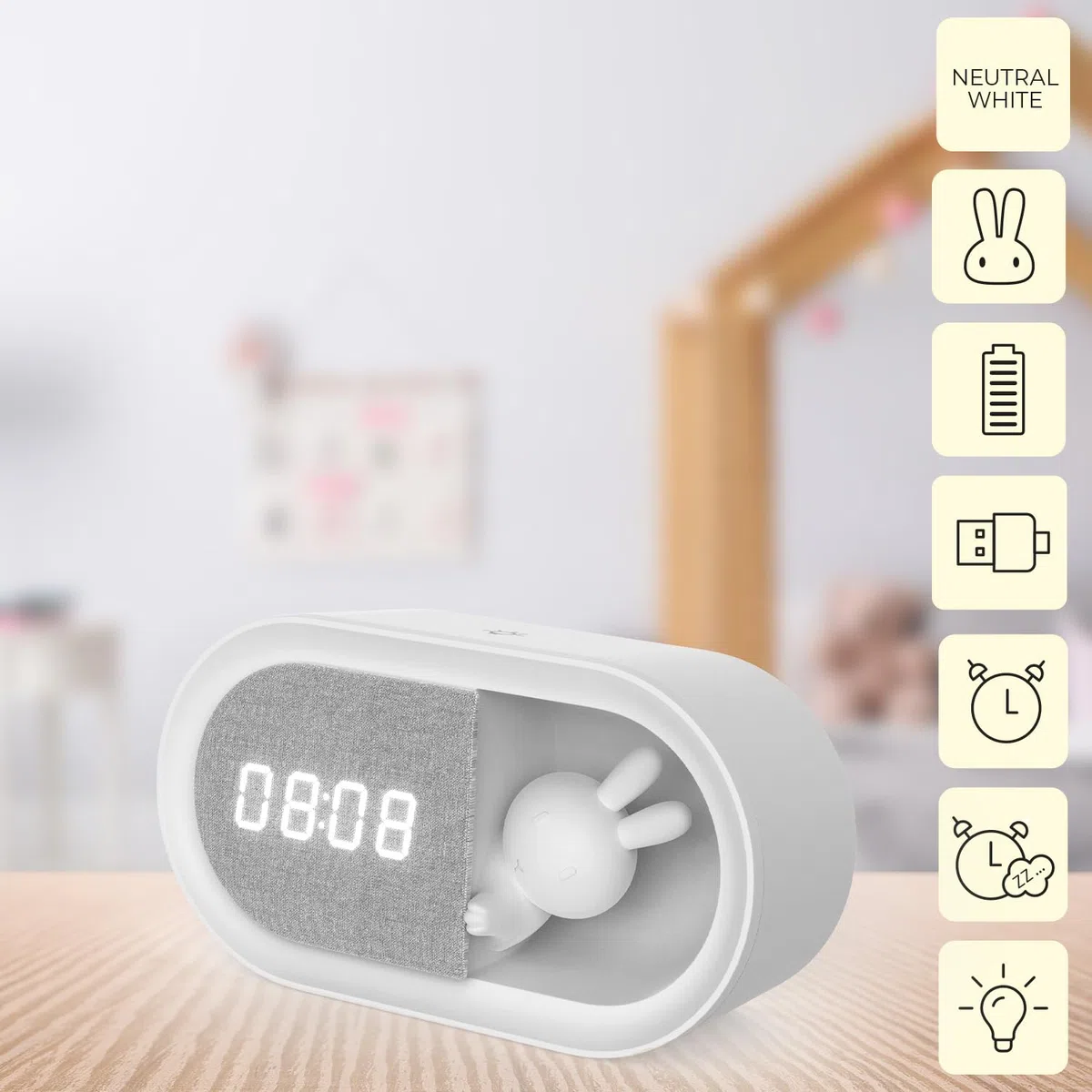 Forever Sveglia con coniglietto luminoso a LED PURE FNL-05 INGRID - Sveglia, lampada da comodino per la camera dei bambini, decorazione, orologio digitale, orologio wireless, USB-C, da letto, motivo