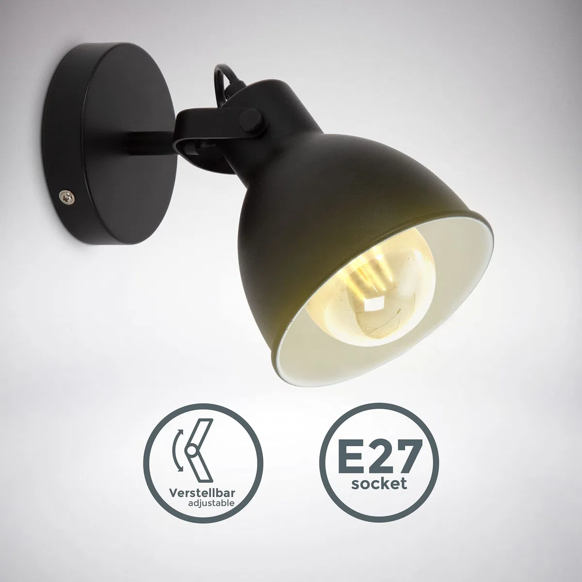 B.K.Licht lampada da parete retrò, orientabile, attacco per lampadina E27 non inclusa, applique vintage industriale, faretto da muro nero-bianco