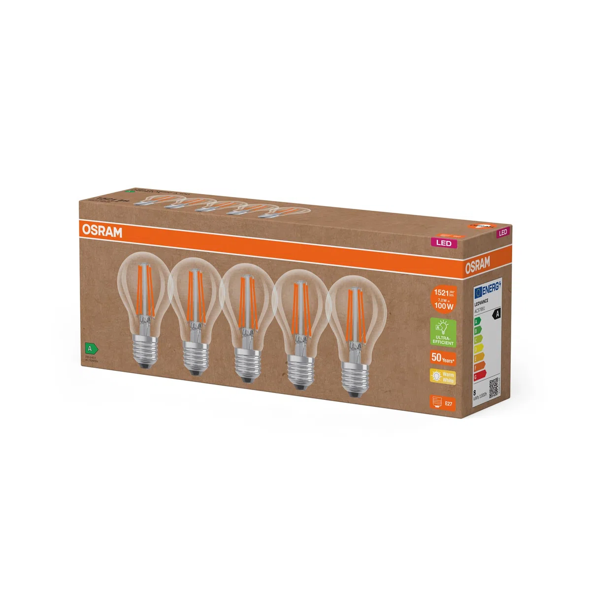 OSRAM Lampade LED ad alta efficienza con classe di efficienza energetica A, Confezione vantaggiosa con 5 lampadine, sostituzione 100W, bianco caldo (2700K), E27,vetro a filamento