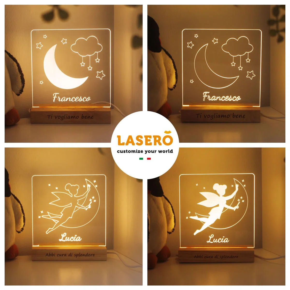 LASERO' Lampada Personalizzata con Nome in Plexiglass Inciso – Luce Notturna Personalizzata Bambina – Lampada Cameretta Bambini con Base in Legno – Idea Regalo Nascita o Battesimo