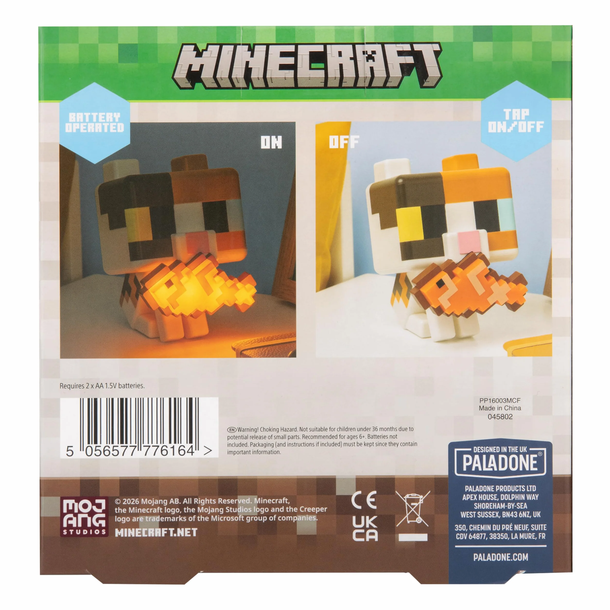 Paladone Minecraft Cat GloBuddies Light, 15cm Tap‑to‑On Lamp with Light‑Up Fish, AA Battery Powered, Officially Licensed