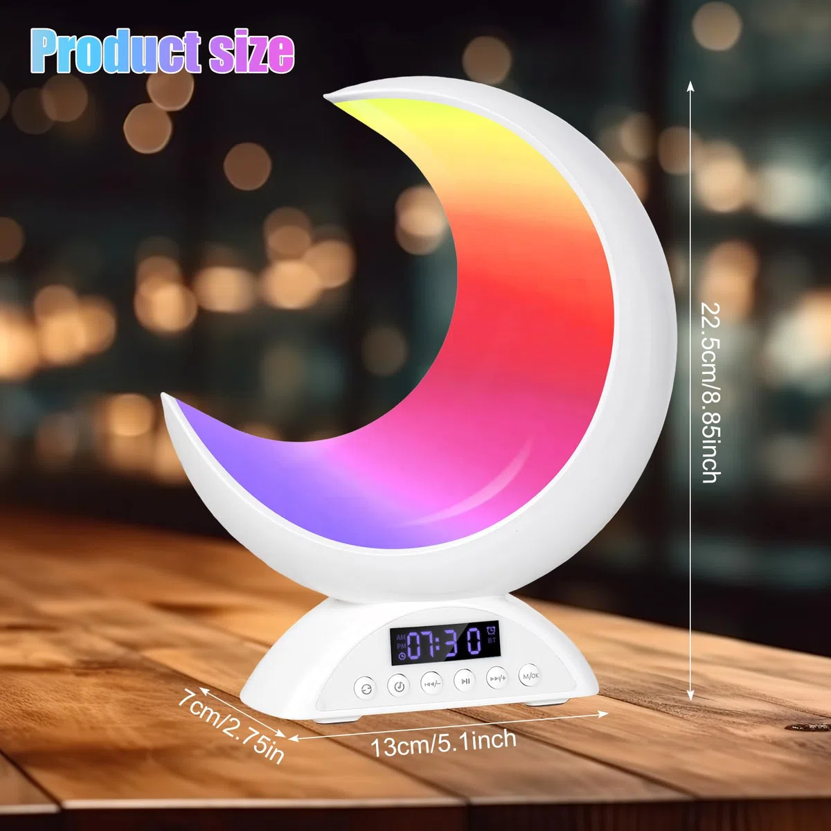 Lampada da Comodino a Forma di Luna, Luce Notturna con Altoparlante, Sveglia da Comodino Musicale, 20 Colori di Luce, USB Lampada Notturna Dimmerabile per Cameretta, Soggiorno