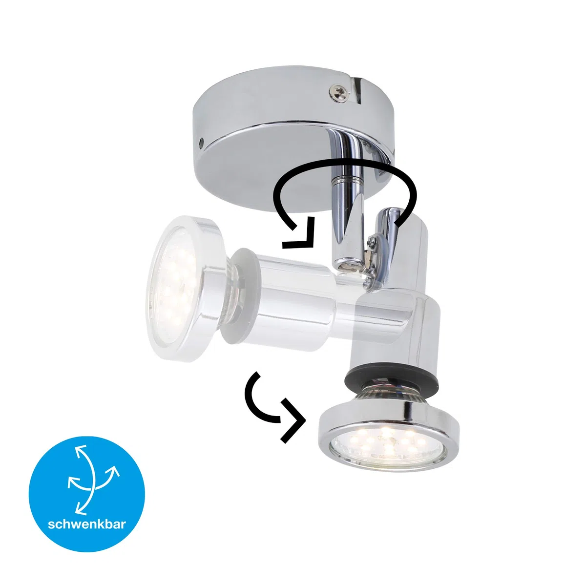 Briloner Leuchten - Faretto a LED, lampada da parete, luce da bagno, lampada da bagno, IP44, faretto girevole e inclinabile, 1x GU10, 4 Watt, 400 Lumen, 3.000 kelvin, cromato, 80x106mm (DxH)