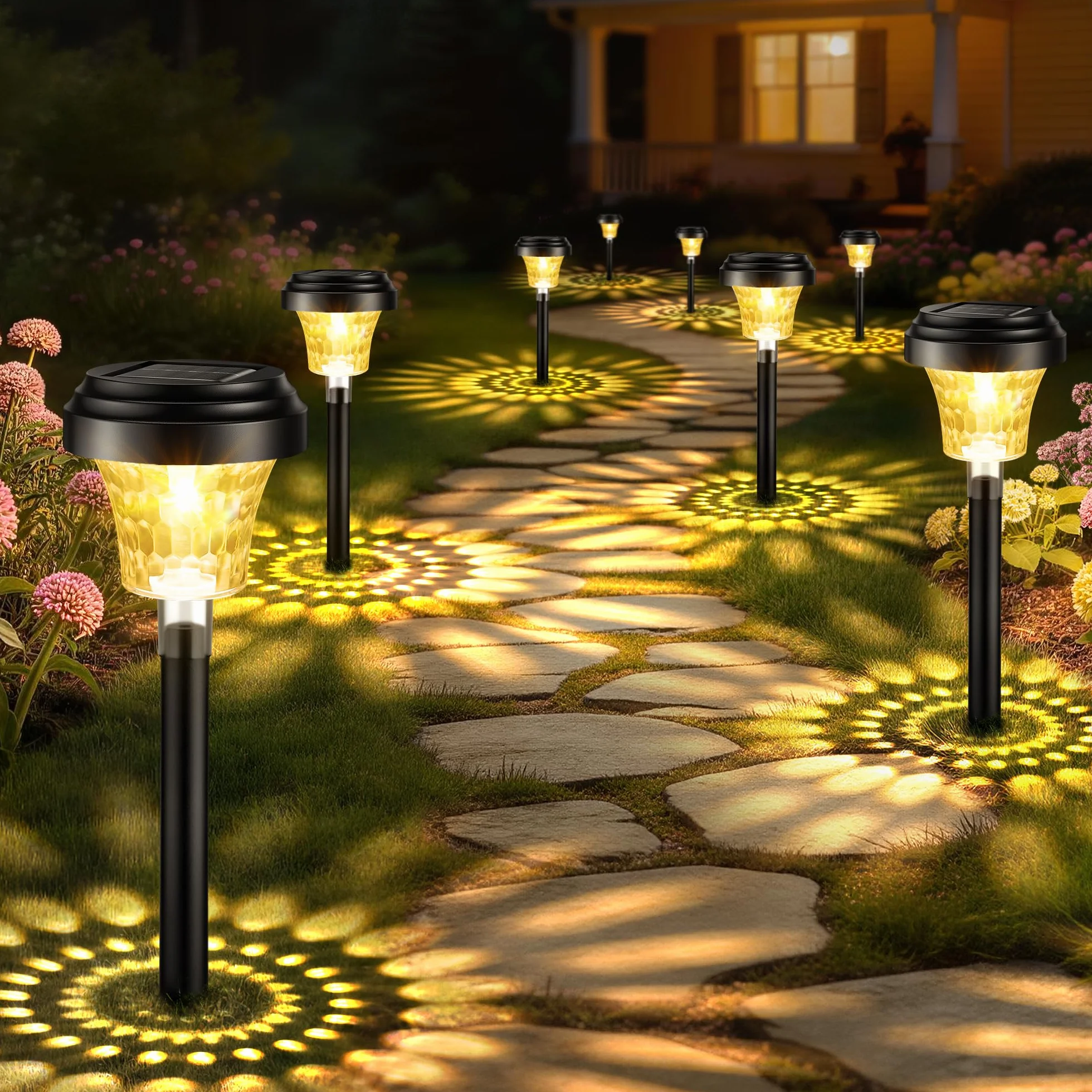 Luci da Esterno Giardino Solari 8 Pezzi, Lampade Solari da Giardino con Luce Calda e 7 Colori RGB, Illuminazione Luci Solare Esterno Impermeabile IP65 per Sentieri, Decorazione di Giardini