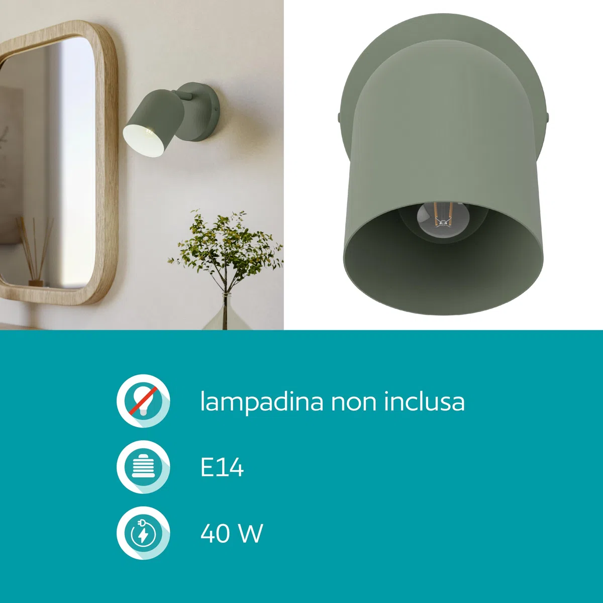 Eglo Tilston - Lampada da parete interna con faretto orientabile in acciaio di colore verde scuro, lettura attacco E14