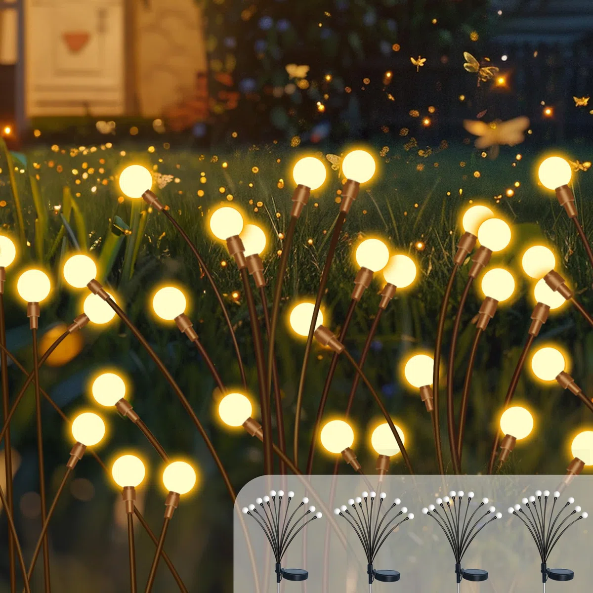 4 Pezzi Luci Solari Giardino Esterno, 10 LED Lucciole Luci Solari da Giardino, IP65 Impermeabile, Lampade Solare Lucciole Decorazione per Terrazza Percorso Prato Balcone Paesag(Bianco Caldo)