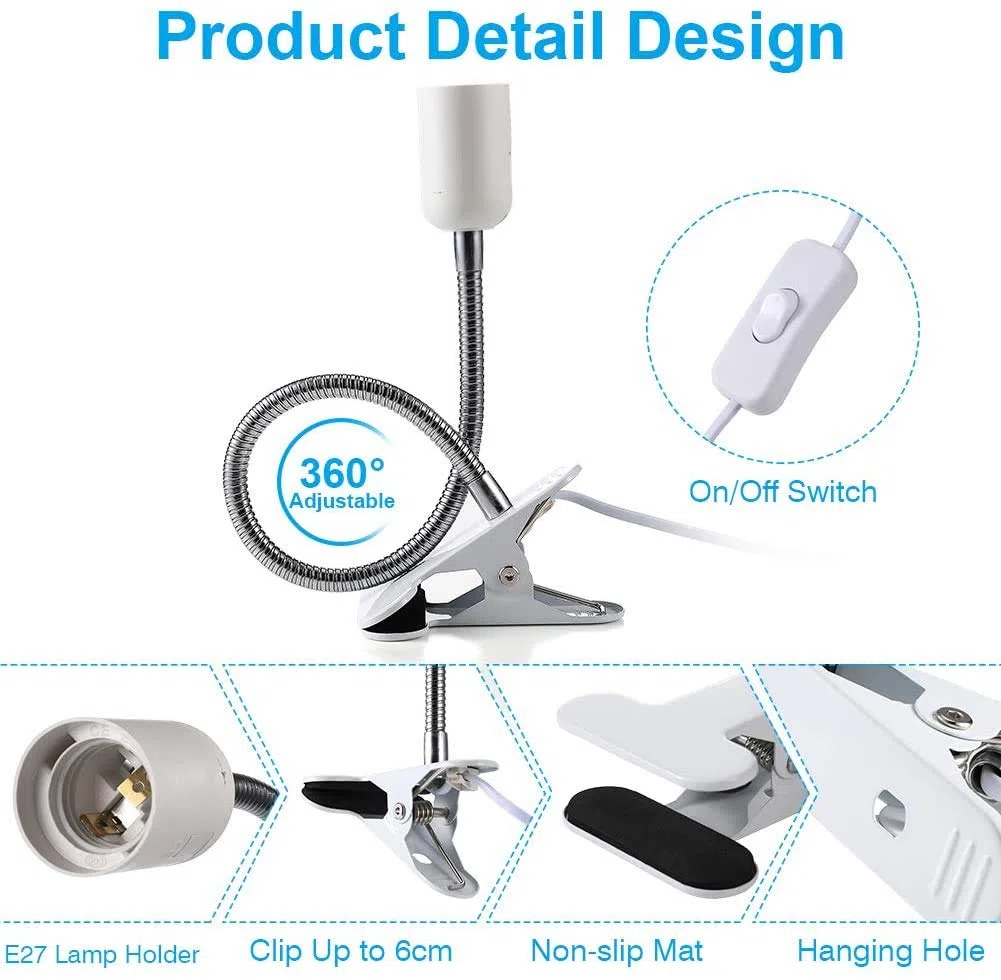 Lampade con Pinza, Lampada Lettura Comodino E27 Lampada a Morsetto LED Regolabile, Lampada a Collo di Cigno 360° Flessibile, Lampada Scrivania per Camera Letto, Scrivania, Ufficio