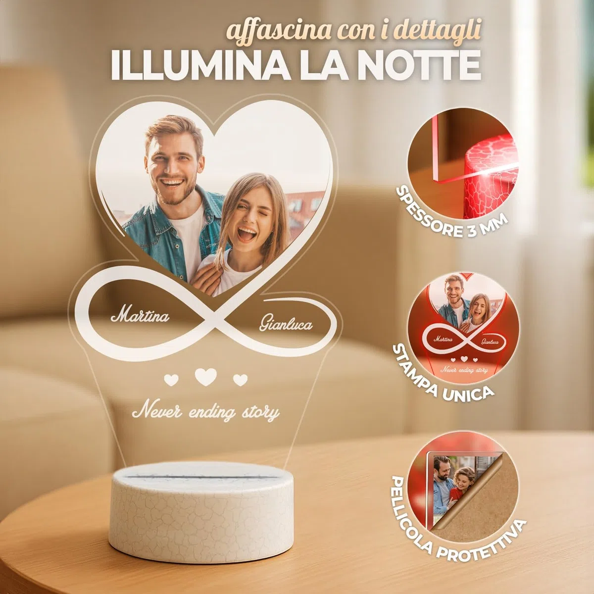 Maverton Lampada con Targa Personalizzata - Targhetta Personalizzata con Luce Notturna - Base Multicolore Caricatore e Telecomando - Idea Regalo Coppia Anniversario