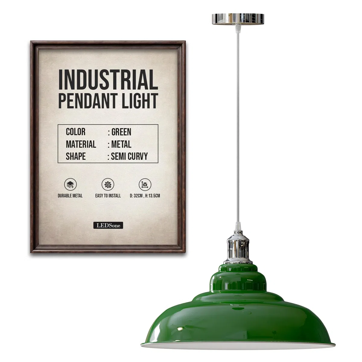 LEDSone Lampada a sospensione retrò E27 32 cm, lampada da soffitto in metallo, stile vintage, cavo regolabile - Faretto bianco per cucina, sala da pranzo, bar, caffetteria, ufficio (Verde)