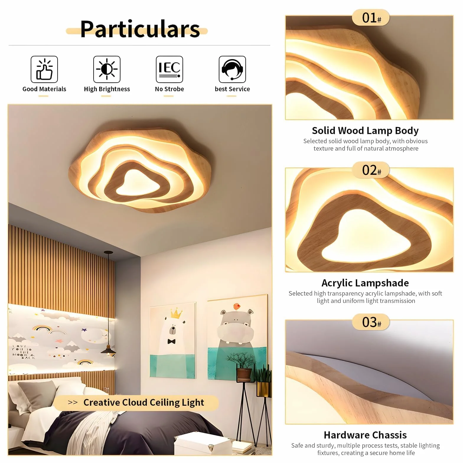 Plafoniera a LED in legno, 50 W = Ø 57 cm, 3500 lm, 3000 K-6000 K, dimmerabile, per camera da letto, soggiorno, paralume in acrilico a forma di cuore, moderna lampada da soffitto rotonda