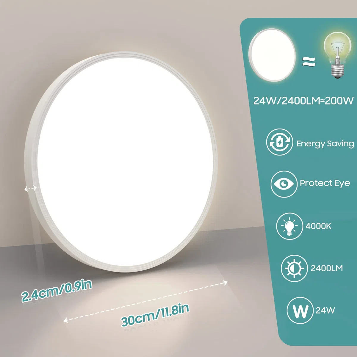 Plafoniera LED Soffitto 30 cm da Bagno, 24W Lampada da Soffitto 4000K Lampadario Cucina Moderna 2400LM Ultra-Sottile Plafoniera LED Camera da Letto IP44 per Soggiorno, Corridoio, Cantina