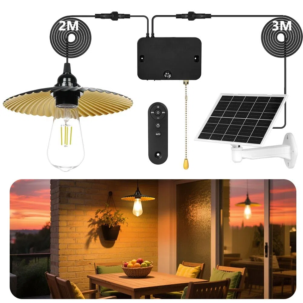HOTUT Lampada solare da esterno ed Interno, Lampadario Solare con Telecomando e Timer, IP54 Impermeabile Lampada Solare con Sensore per Giardino, Agriturismo, Garage, Balcone, Dimmerabile