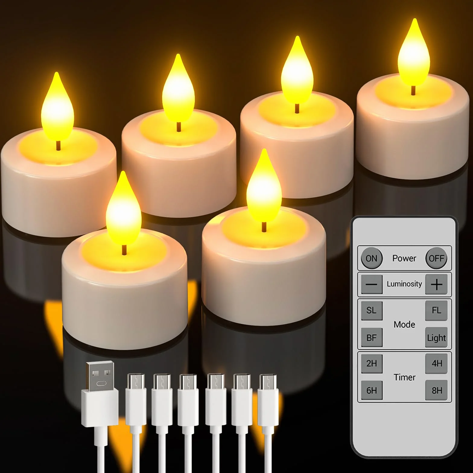 SoulBay 6 pezzi Tea Light Candele LED con Telecomando, Candele Finte LED Batteria USB Ricaricabili Elettriche Effetto Reale con Timer, Natalizie Decorative Luci per Halloween Casa Natale Decorazioni
