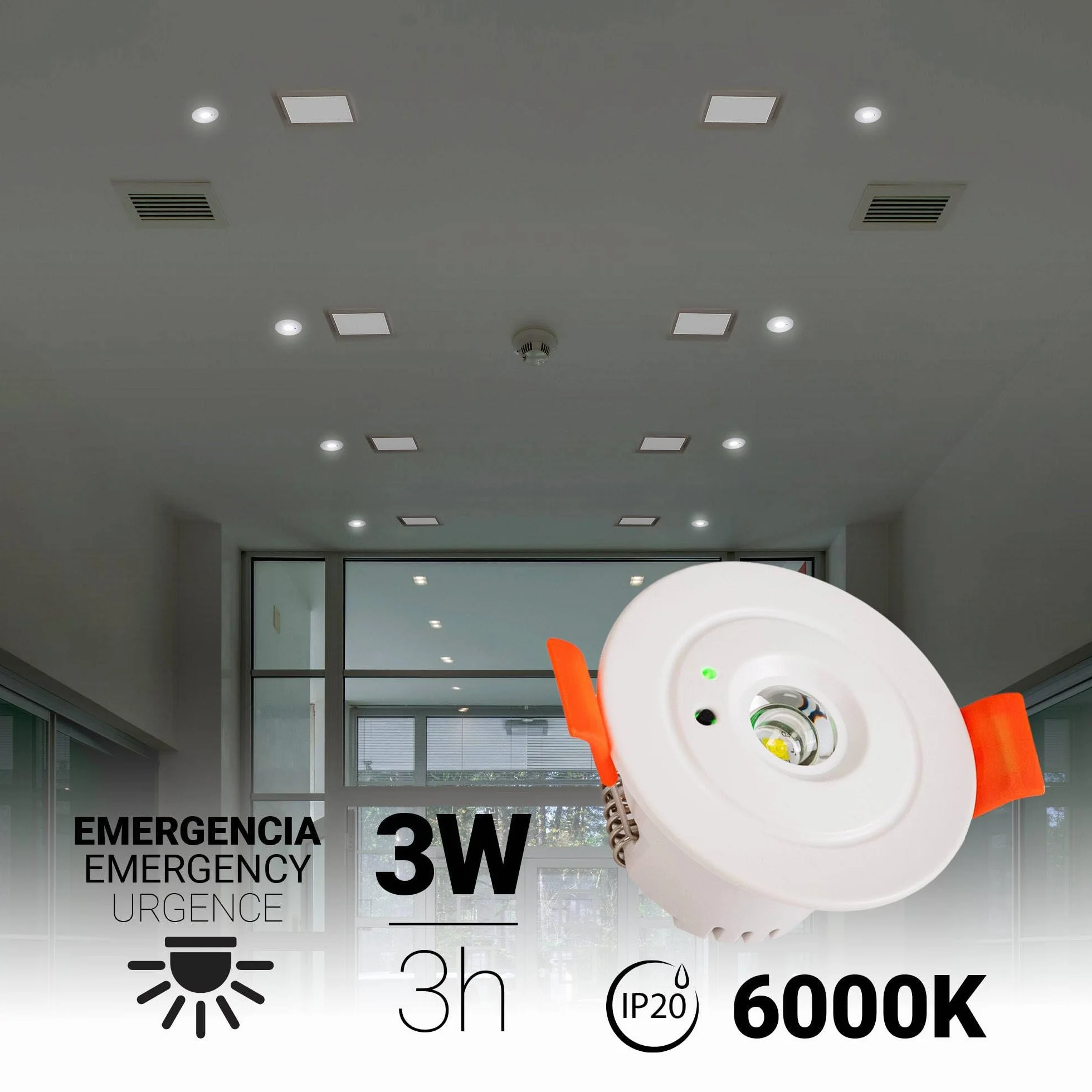 BARCELONA LED Luce di Emergenza LED 3W da Incasso Ø60mm 6000K | LED 3W, incasso Ø60mm, bianco freddo 6000K, autonomia 3h, 250lm, batteria LiFePO4, IP20 interno