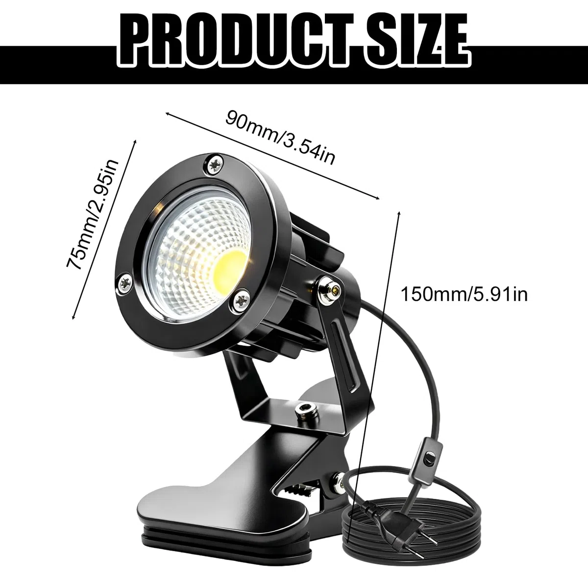 BAIFULAI Spot LED con pinza: spot LED con pinza con cavo da 1,8 m, presa e interruttore manuale, lampada esterna impermeabile alla pioggia con pinza per illuminazione esterna e interna