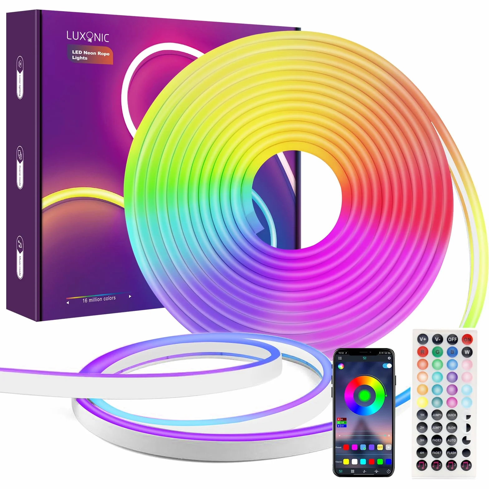 LUXONIC 16.4FT 5M Strisica LED Neon, RGB, Silicone Neon Luci LED Flessibile Bluetooth con APP e Telecomando, IP67 impermeabile, Sincronizzazione Musicale, Decorazione Esterna/Interna del partito