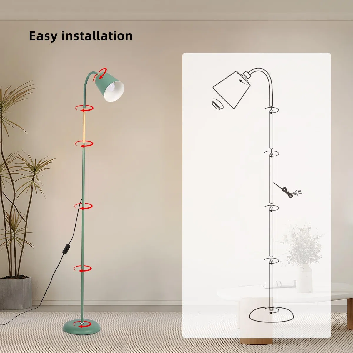 ANTENLICHT VILI | Lampada a stelo per soggiorno, attacco E27, max. 60 W, altezza 159 cm, lampada da lettura con cavo da 200 cm, senza lampadina, camera da letto e studio, verde