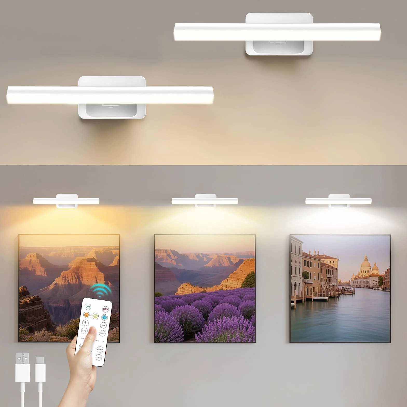 2 Pezzi Luce Per Quadri Senza Filo, Lampada Da Parete Ricaricabile con Telecomando, Luci LED Applique Con 3 Temperature Di Colore, per Esposizione Pittura Vetrina, Bianco