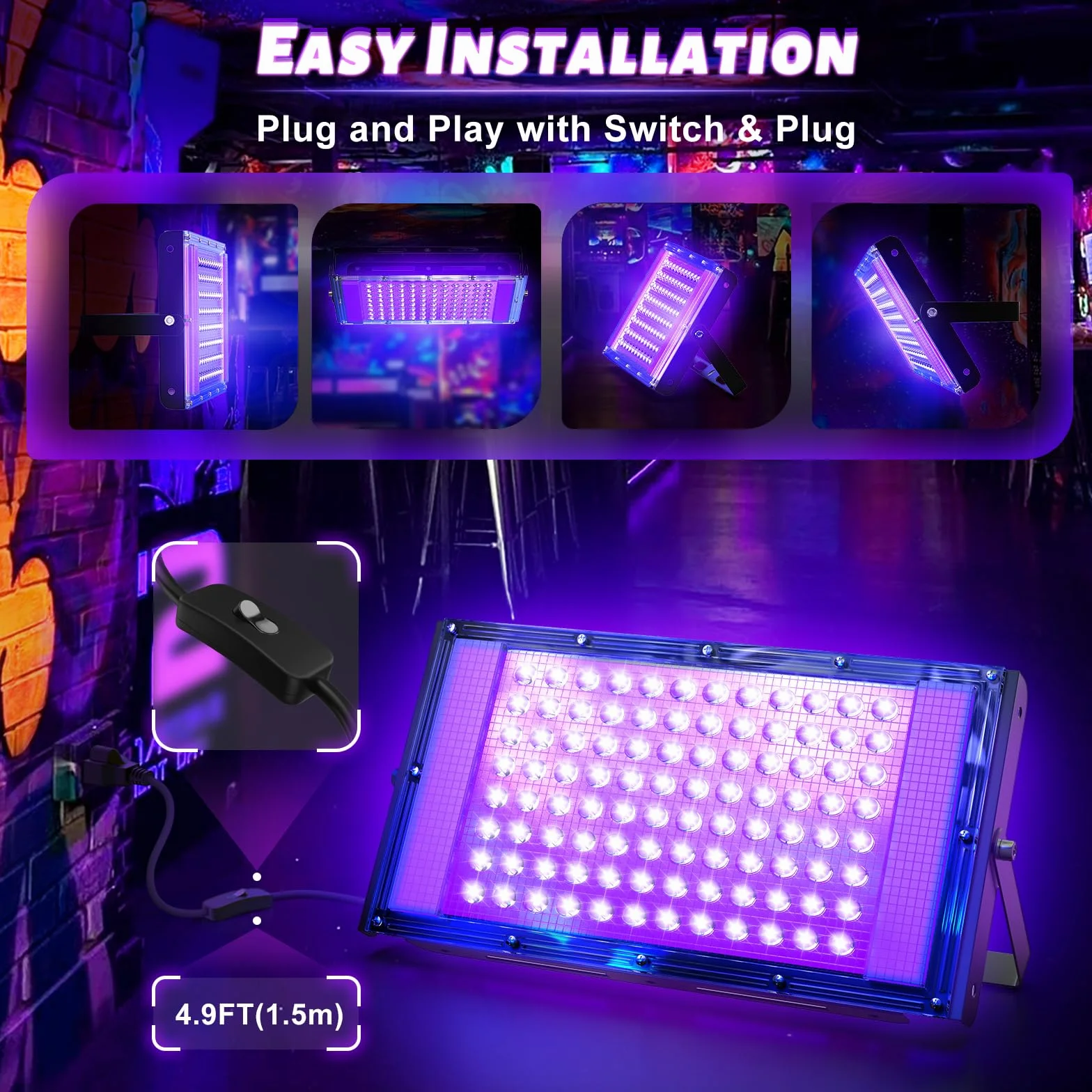 Glostars 100W LED Luce Nera, Potente Faretto UV, IP66, Lampada UV 395-400 nm con Interruttore per Festa di Natale, Luce della Sera, Festa Glow, Esterno (1 confezione)